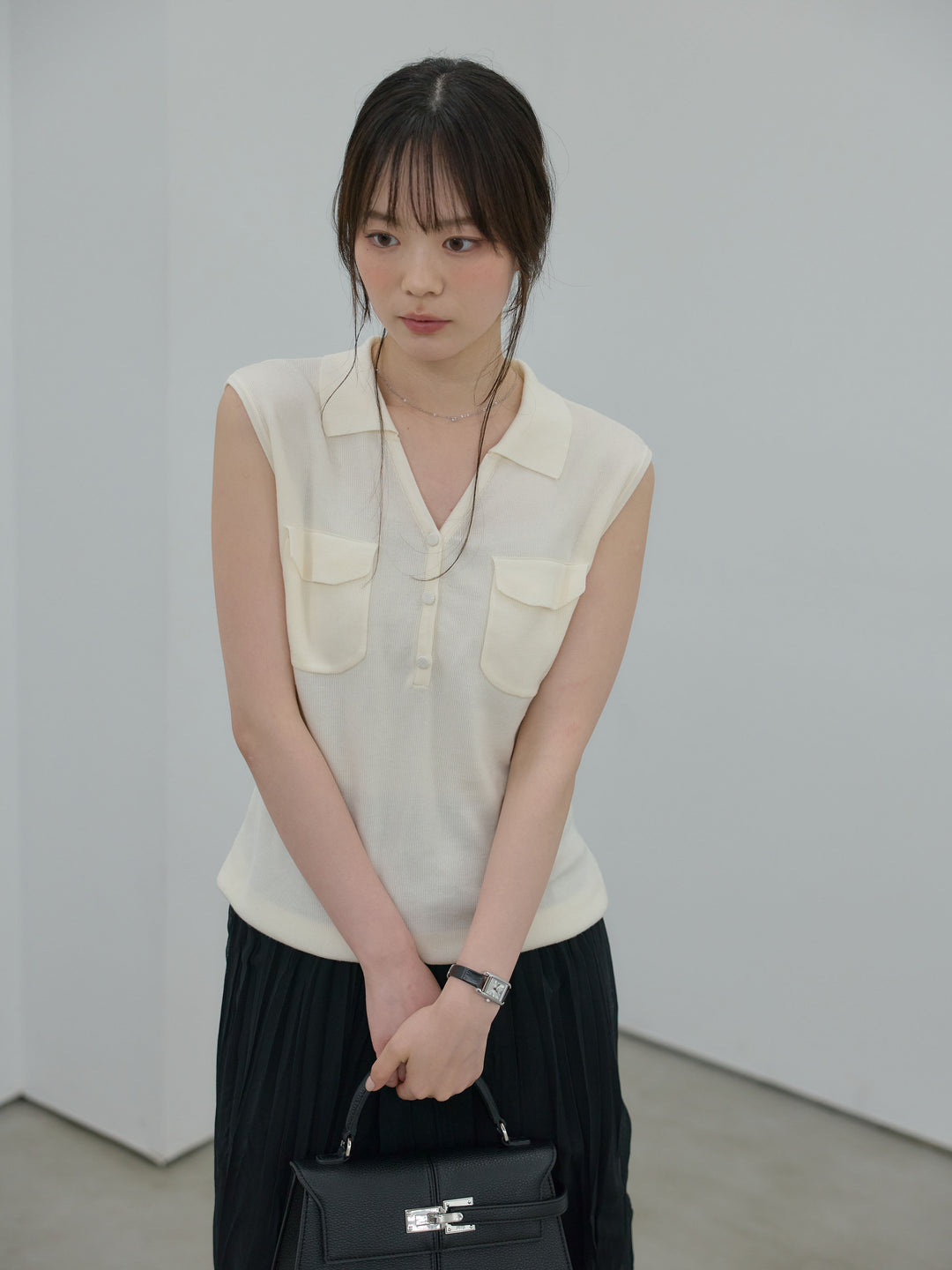 【SET】【Essential】Pocket design rib knit no-sleeve tops+【Essential】Pocket design rib knit no-sleeve tops(2set)
