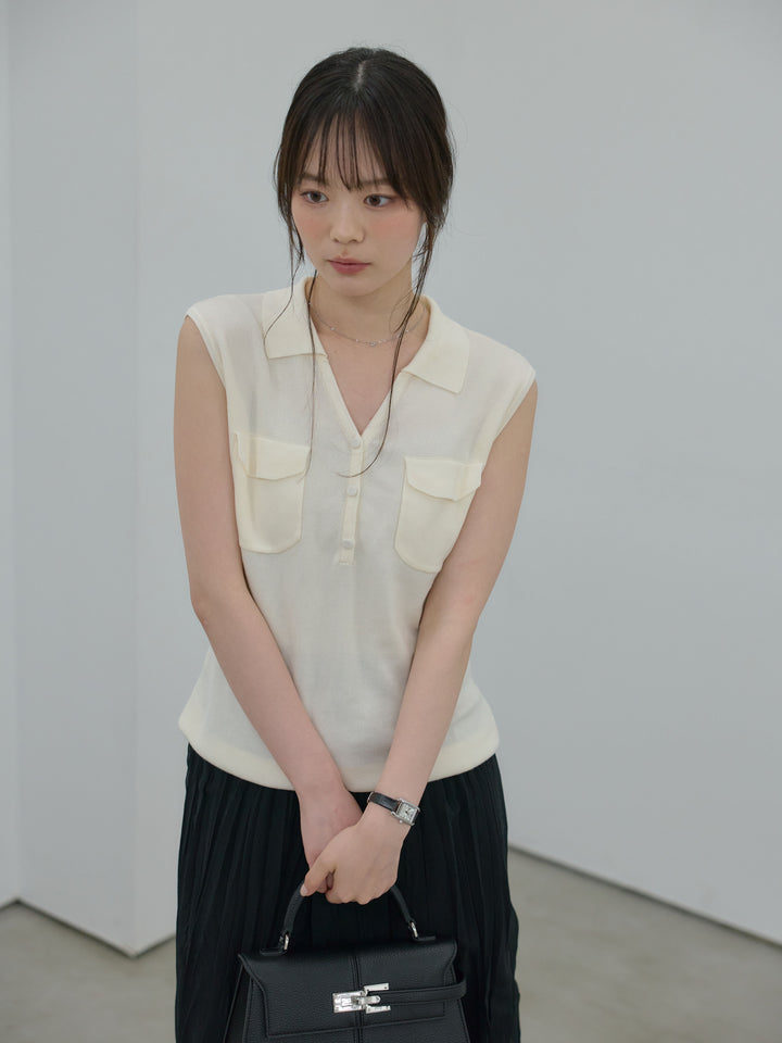 【SET】【Essential】Pocket design rib knit no-sleeve tops+【Essential】Pocket design rib knit no-sleeve tops(2set)