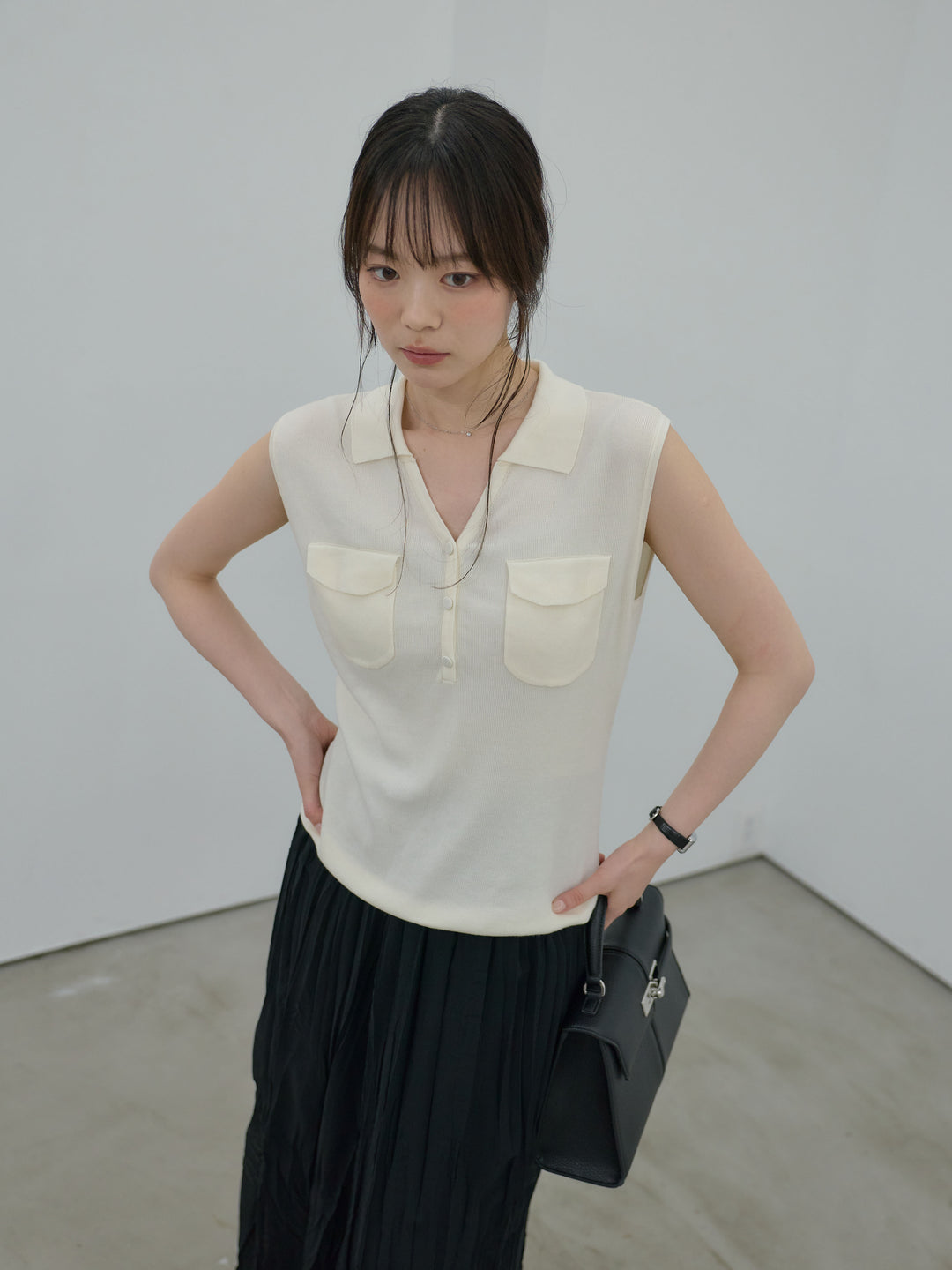 【SET】【Essential】Pocket design rib knit no-sleeve tops+ワッシャーランダムプリーツスカート(2set)