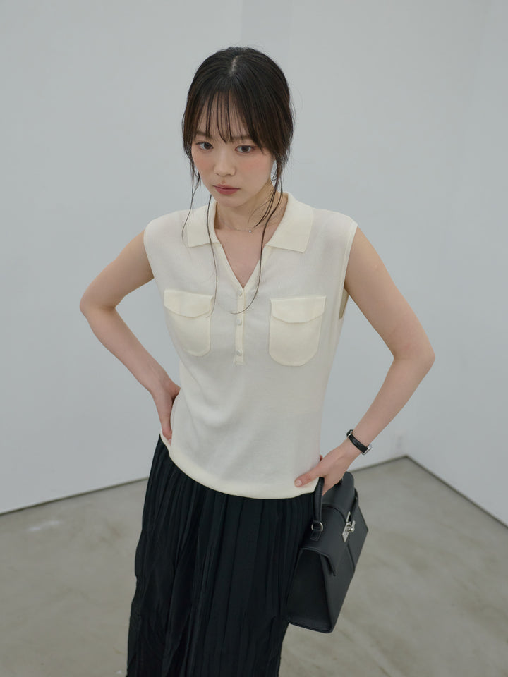 【SET】【Essential】Pocket design rib knit no-sleeve tops+ワッシャーランダムプリーツスカート(2set)