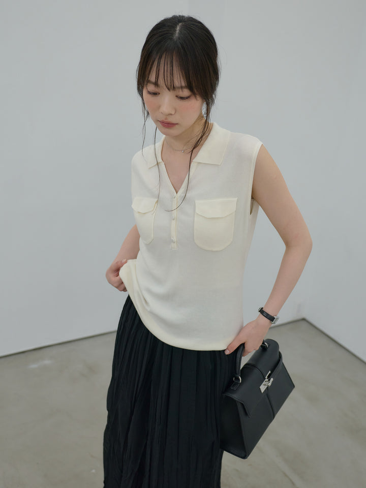 【Essential】Pocket design rib knit no-sleeve tops