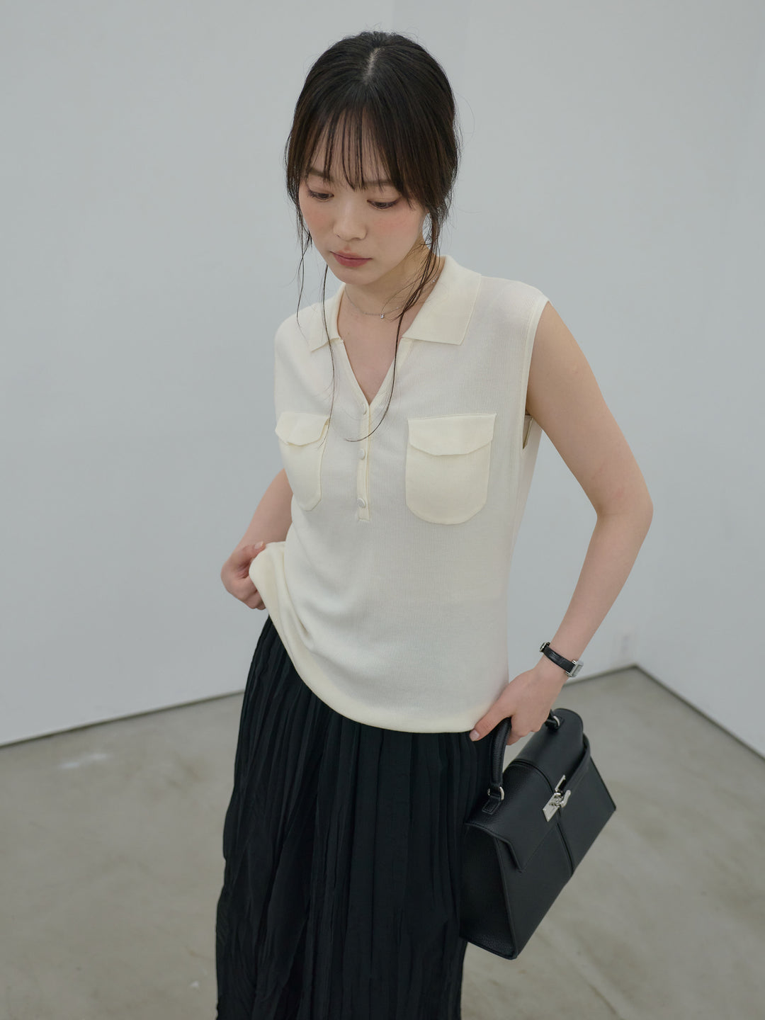 【SET】【Essential】Pocket design rib knit no-sleeve tops+【Essential】Pocket design rib knit no-sleeve tops(2set)