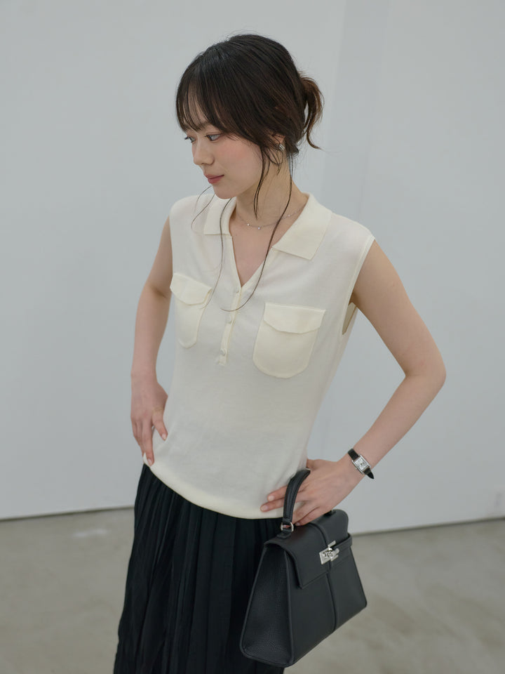 【SET】【Essential】Pocket design rib knit no-sleeve tops+【Essential】Pocket design rib knit no-sleeve tops(2set)