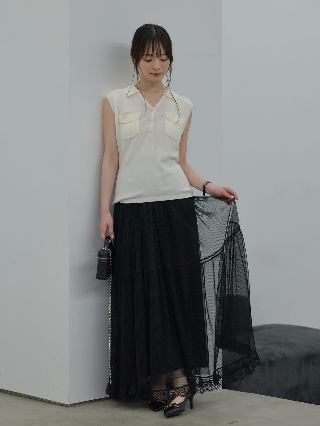 【Essential】Pocket design rib knit no-sleeve tops