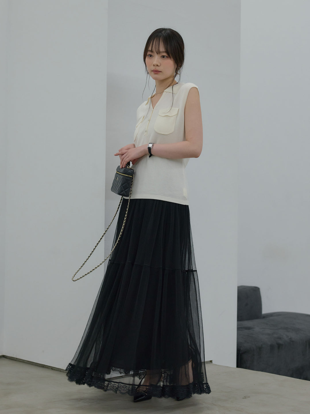 【SET】【Essential】Pocket design rib knit no-sleeve tops+裾レースデザインチュールスカート(2set)
