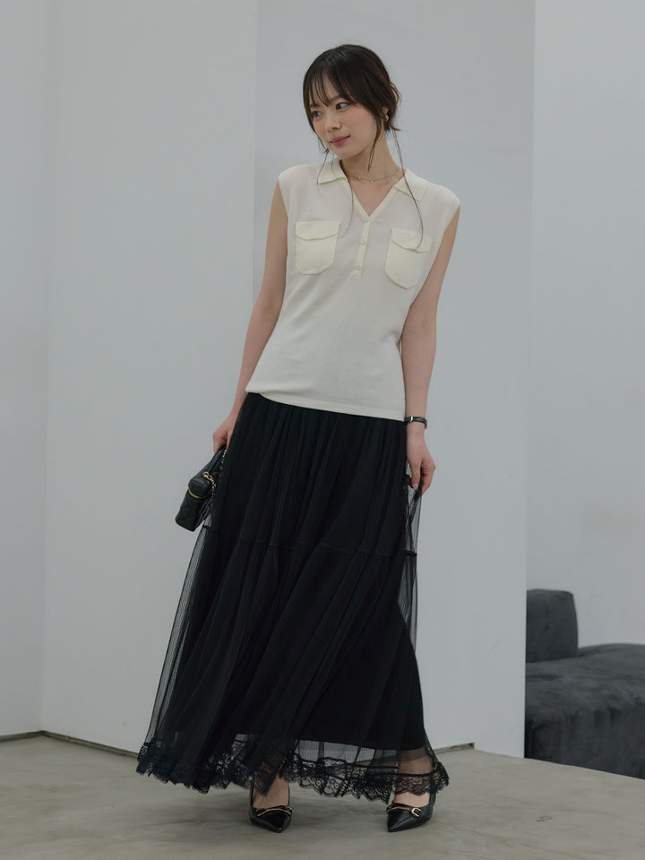 【SET】【Essential】Pocket design rib knit no-sleeve tops+【Essential】Pocket design rib knit no-sleeve tops(2set)
