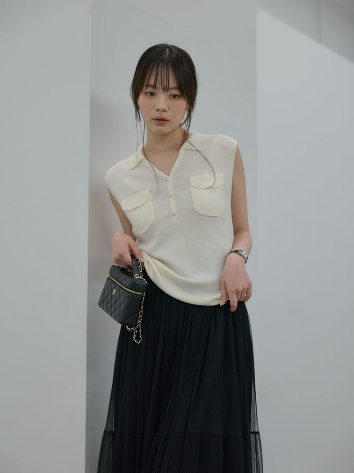 【Essential】Pocket design rib knit no-sleeve tops