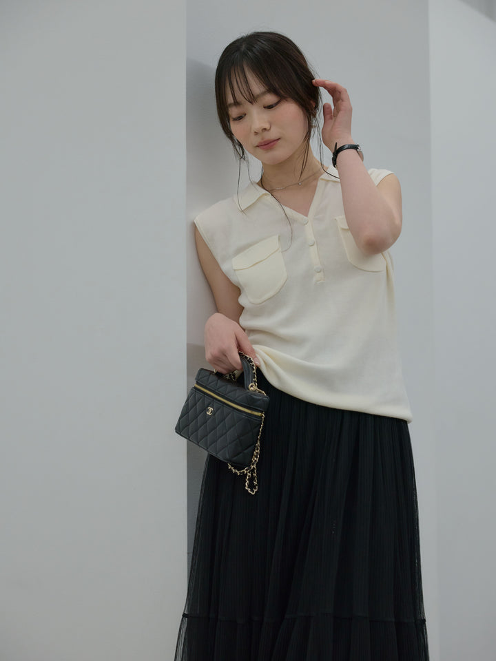 【Essential】Pocket design rib knit no-sleeve tops