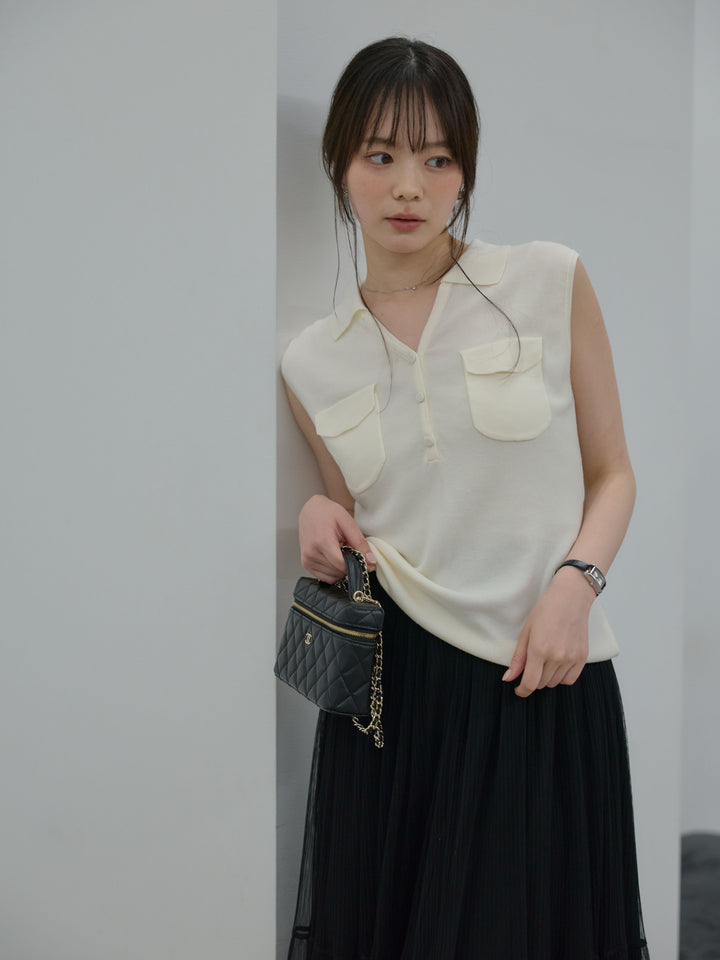 【SET】【Essential】Pocket design rib knit no-sleeve tops+【Essential】Pocket design rib knit no-sleeve tops(2set)