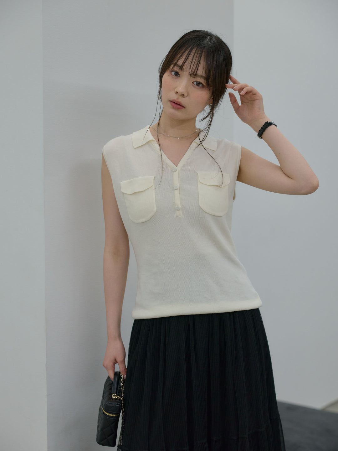 【Essential】Pocket design rib knit no-sleeve tops