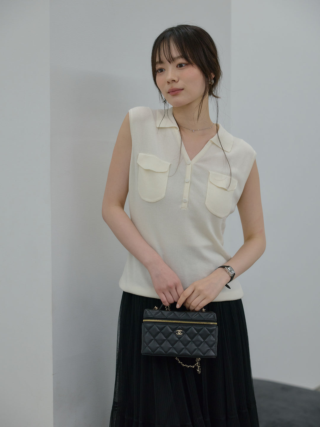 【SET】【Essential】Pocket design rib knit no-sleeve tops+裾レースデザインチュールスカート(2set)
