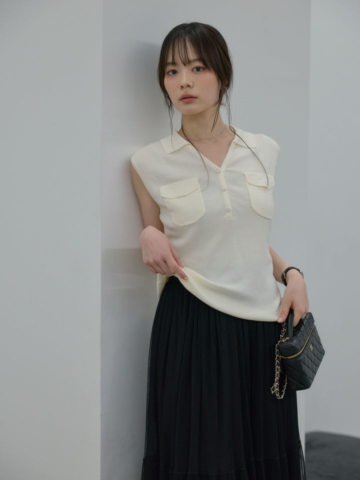【Essential】Pocket design rib knit no-sleeve tops