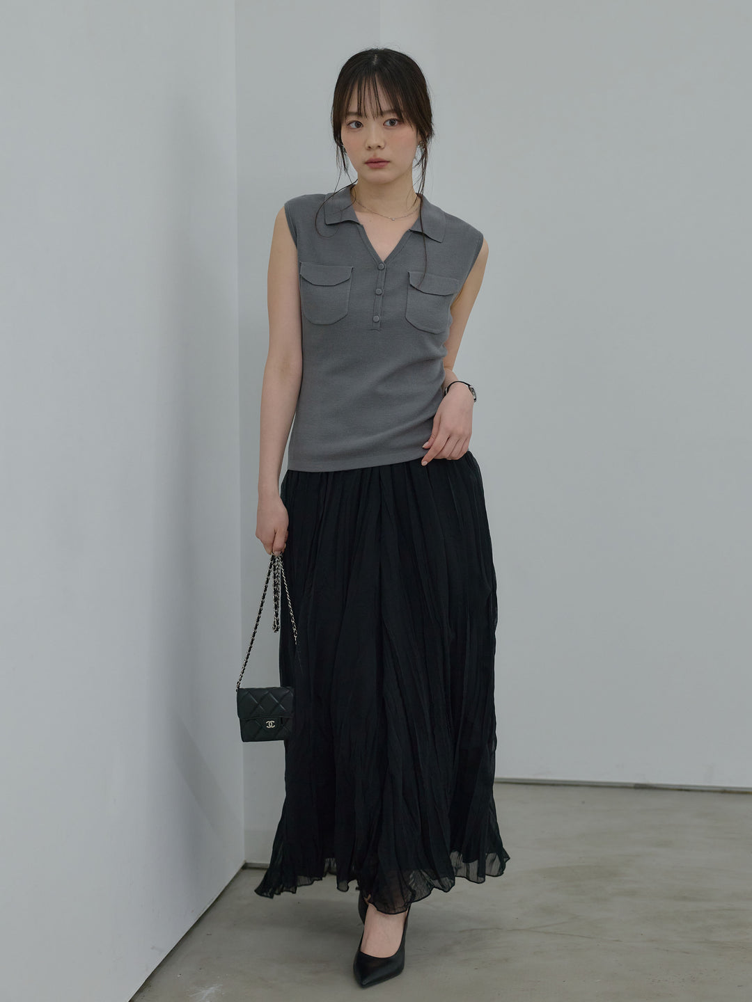 【Essential】Pocket design rib knit no-sleeve tops