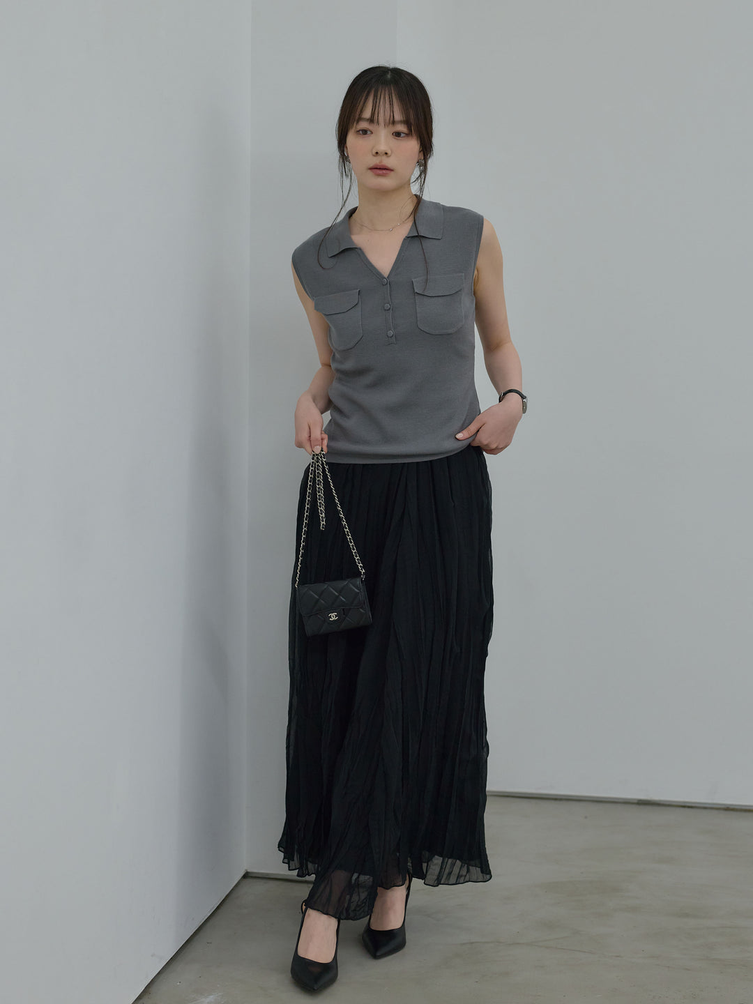 【SET】【Essential】Pocket design rib knit no-sleeve tops+ワッシャーランダムプリーツスカート(2set)