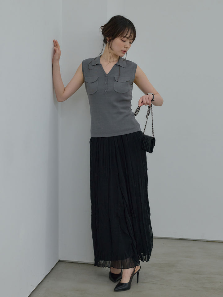 【SET】【Essential】Pocket design rib knit no-sleeve tops+ワッシャーランダムプリーツスカート(2set)