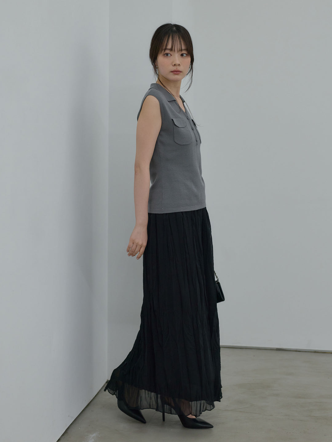 【SET】【Essential】Pocket design rib knit no-sleeve tops+ワッシャーランダムプリーツスカート(2set)