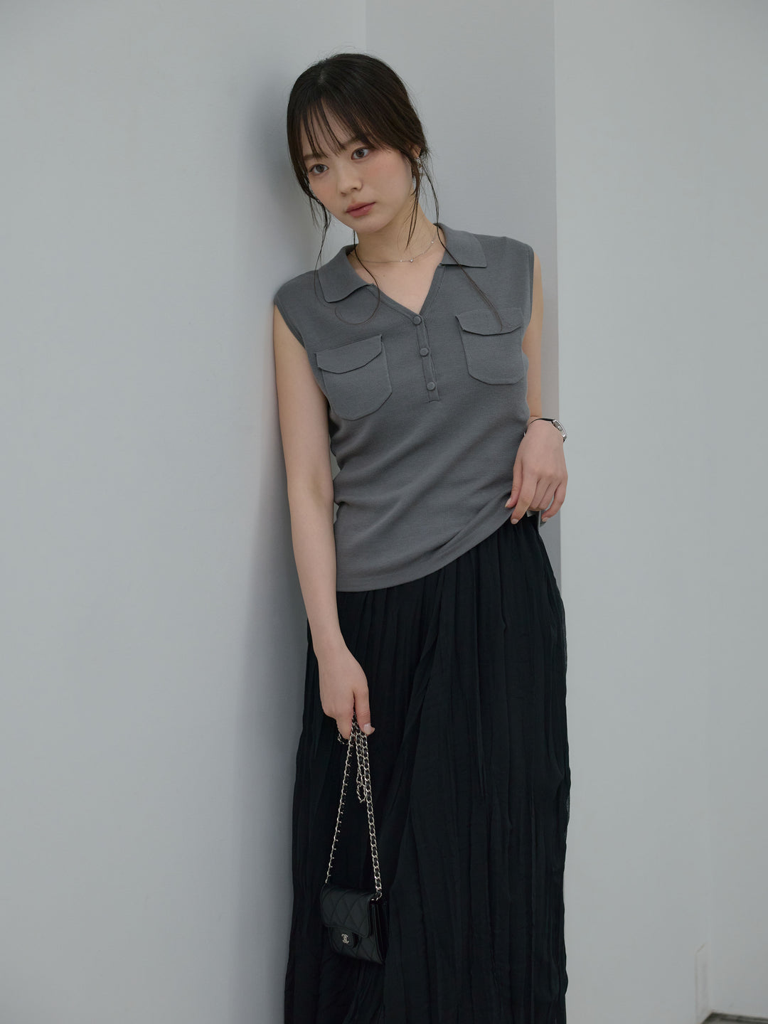 【SET】【Essential】Pocket design rib knit no-sleeve tops+ワッシャーランダムプリーツスカート(2set)