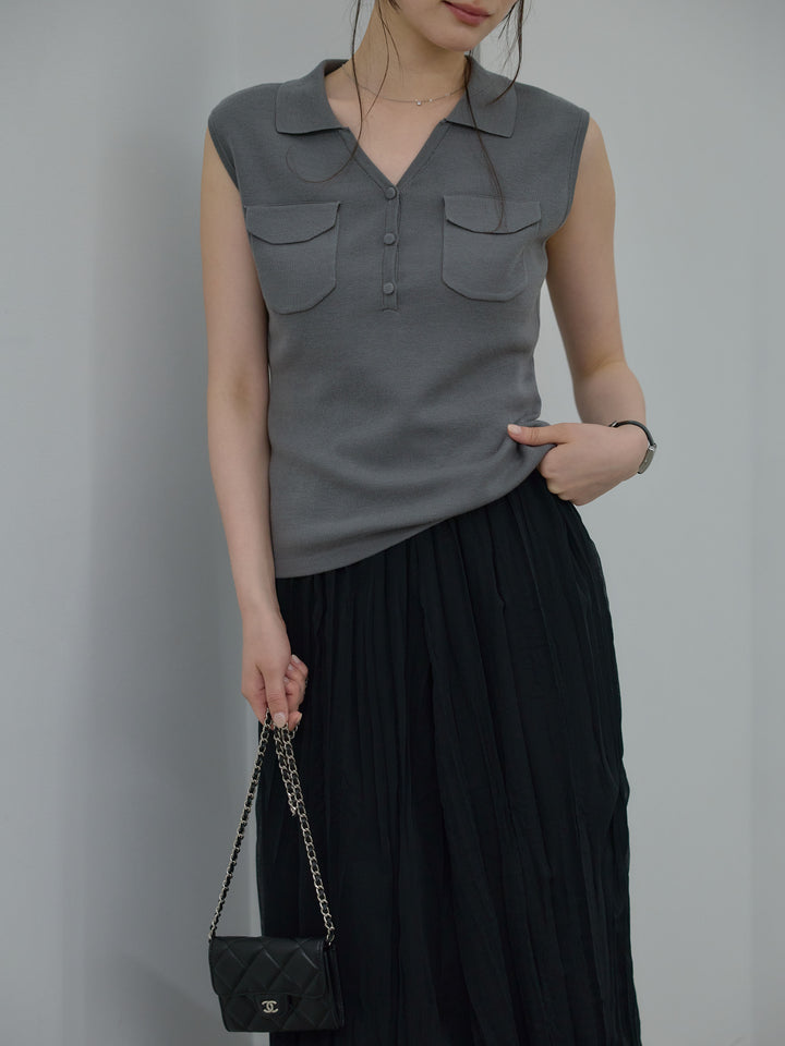 【Essential】Pocket design rib knit no-sleeve tops
