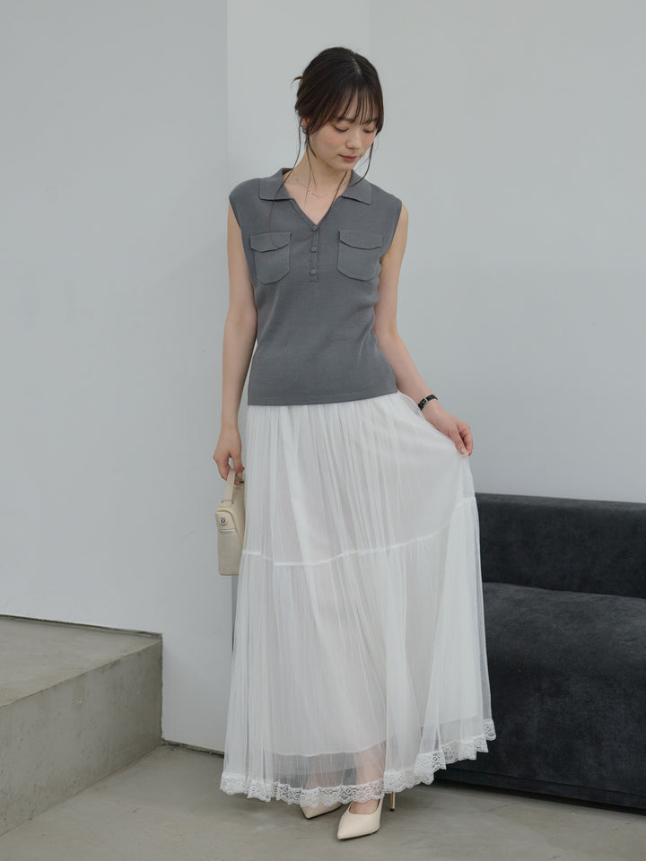 【SET】【Essential】Pocket design rib knit no-sleeve tops+裾レースデザインチュールスカート(2set)