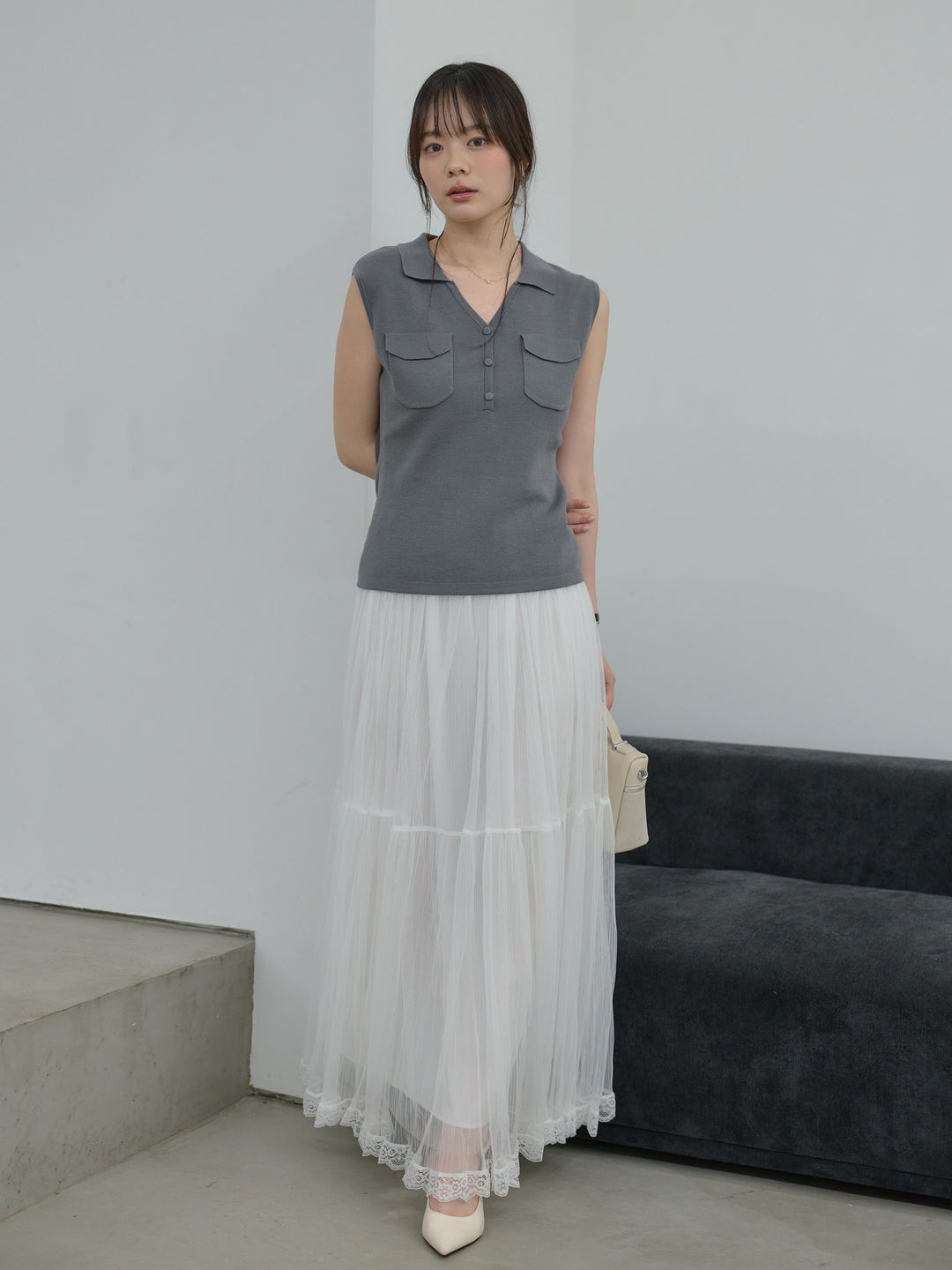 【Essential】Pocket design rib knit no-sleeve tops