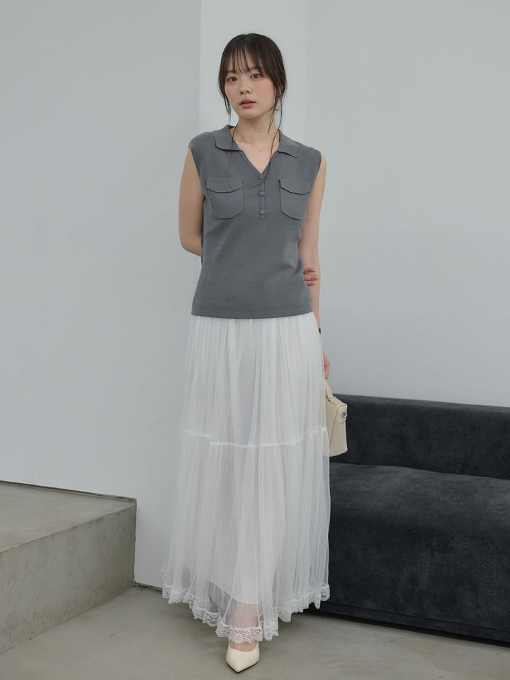 【SET】【Essential】Pocket design rib knit no-sleeve tops+裾レースデザインチュールスカート(2set)