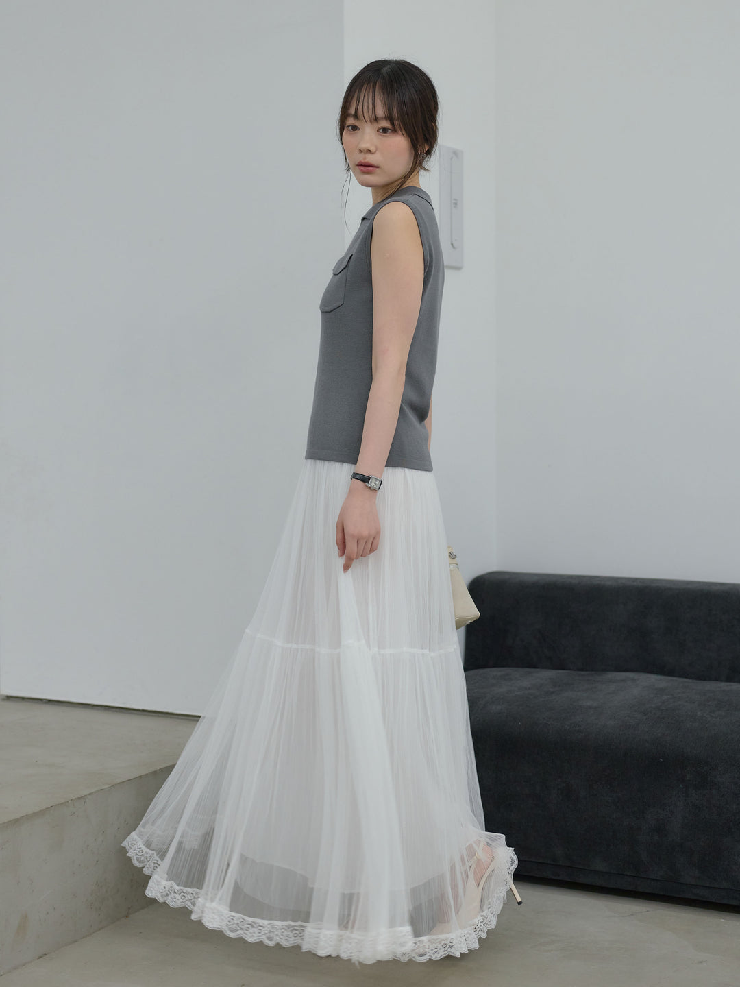 【SET】【Essential】Pocket design rib knit no-sleeve tops+裾レースデザインチュールスカート(2set)
