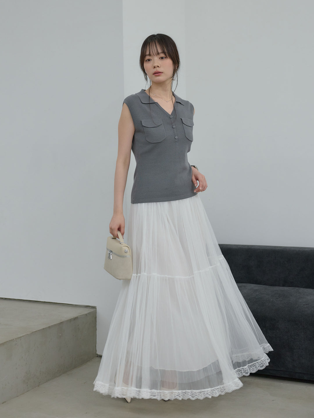 【SET】【Essential】Pocket design rib knit no-sleeve tops+裾レースデザインチュールスカート(2set)