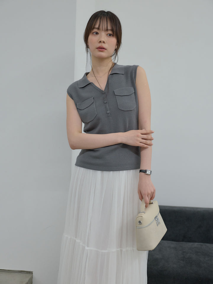 【Essential】Pocket design rib knit no-sleeve tops