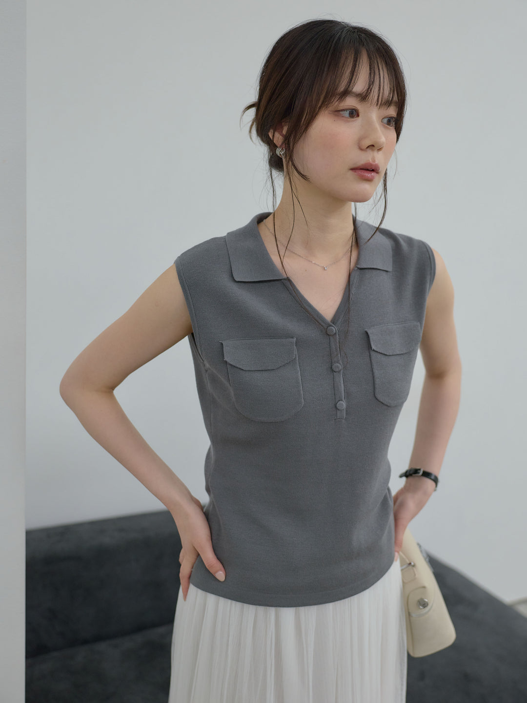 【SET】【Essential】Pocket design rib knit no-sleeve tops+【Essential】Pocket design rib knit no-sleeve tops(2set)