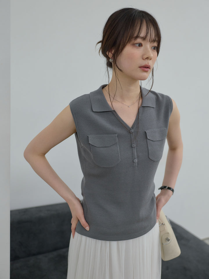 【SET】【Essential】Pocket design rib knit no-sleeve tops+裾レースデザインチュールスカート(2set)