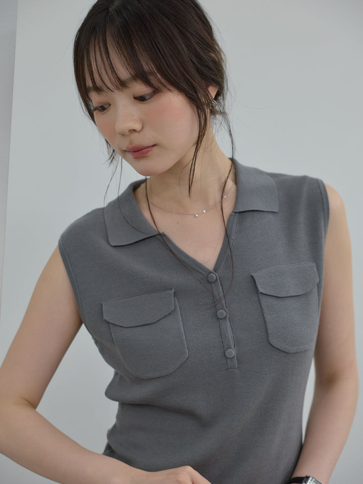 【Essential】Pocket design rib knit no-sleeve tops