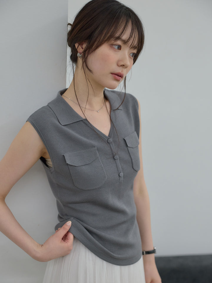 【Essential】Pocket design rib knit no-sleeve tops
