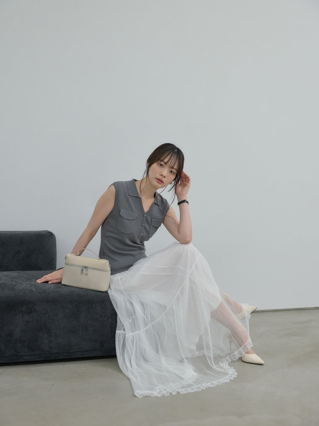 【Essential】Pocket design rib knit no-sleeve tops