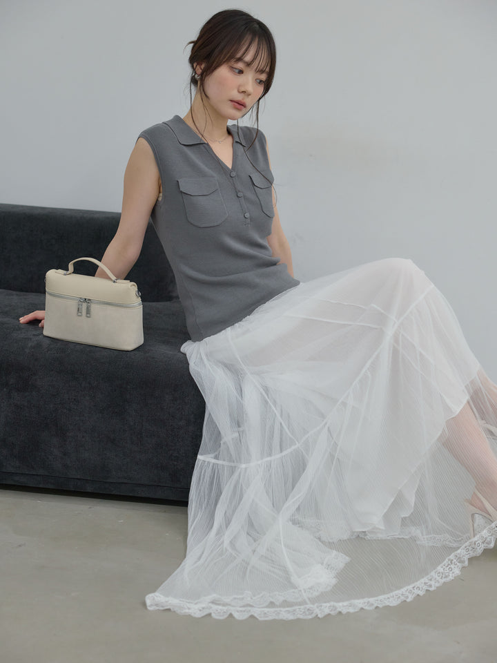【SET】【Essential】Pocket design rib knit no-sleeve tops+裾レースデザインチュールスカート(2set)