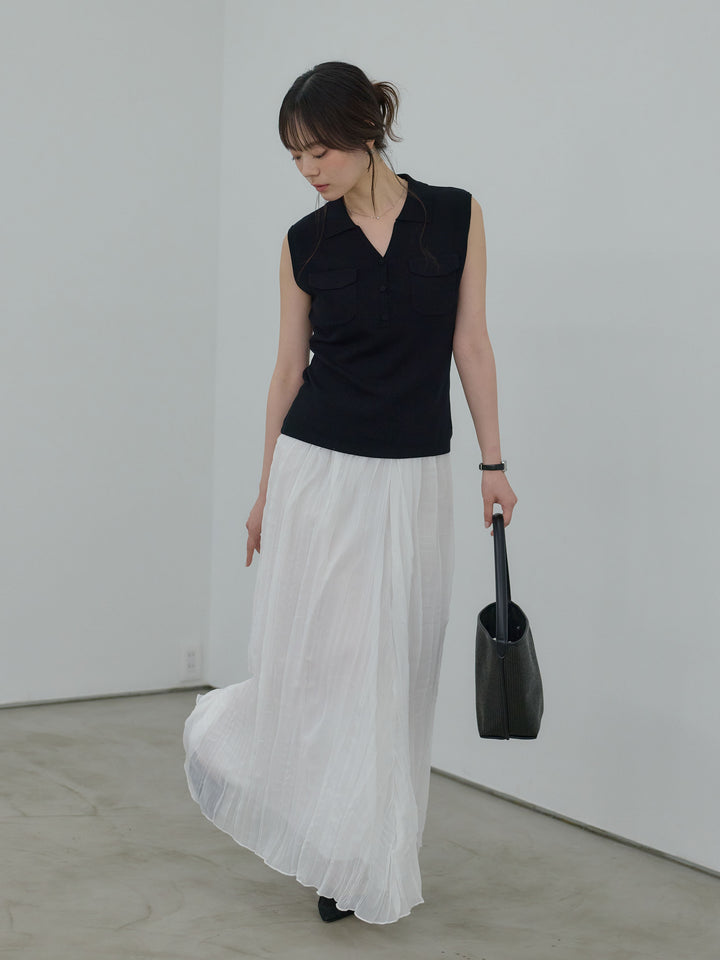 【SET】【Essential】Pocket design rib knit no-sleeve tops+ワッシャーランダムプリーツスカート(2set)
