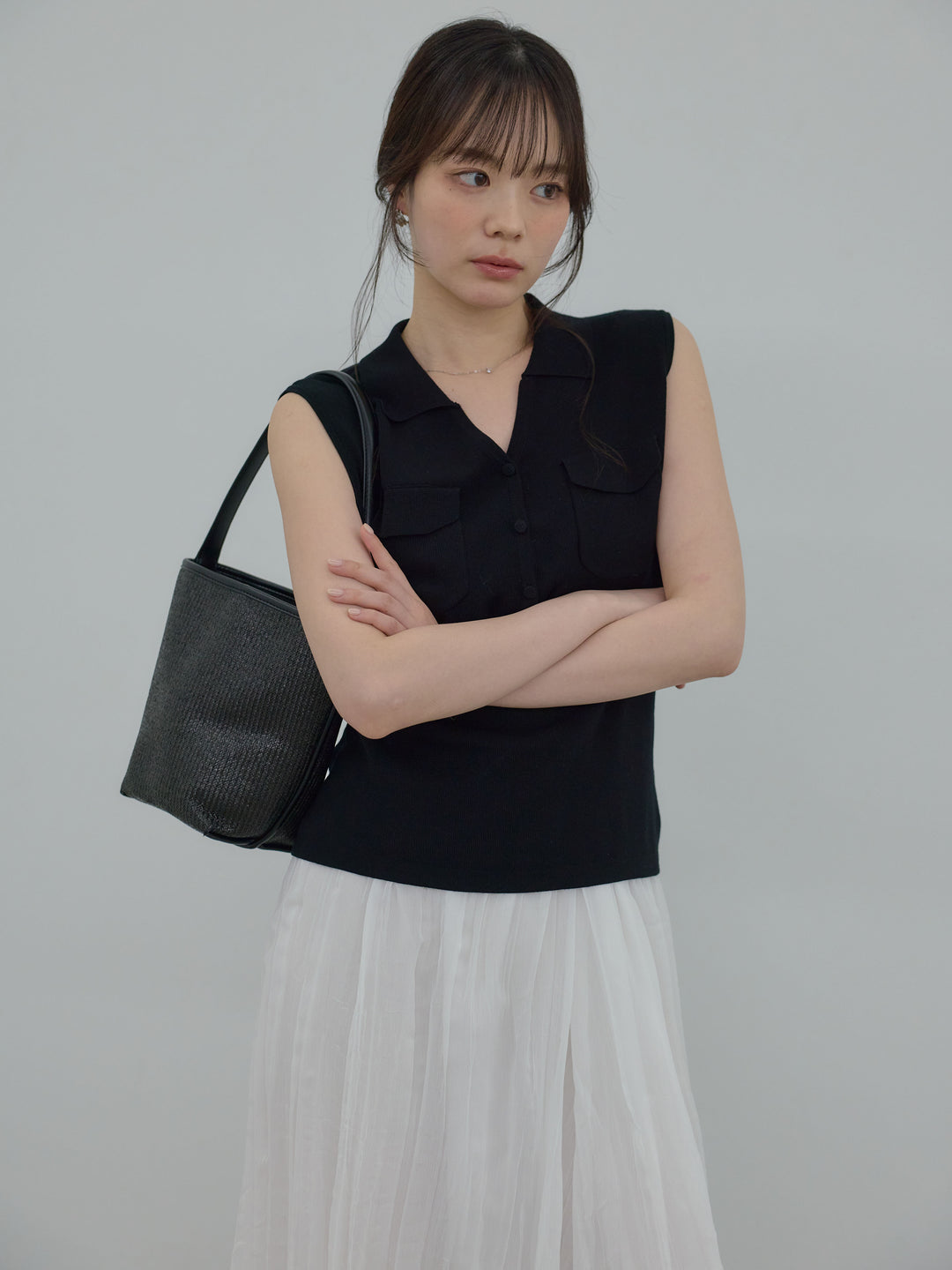 【Essential】Pocket design rib knit no-sleeve tops
