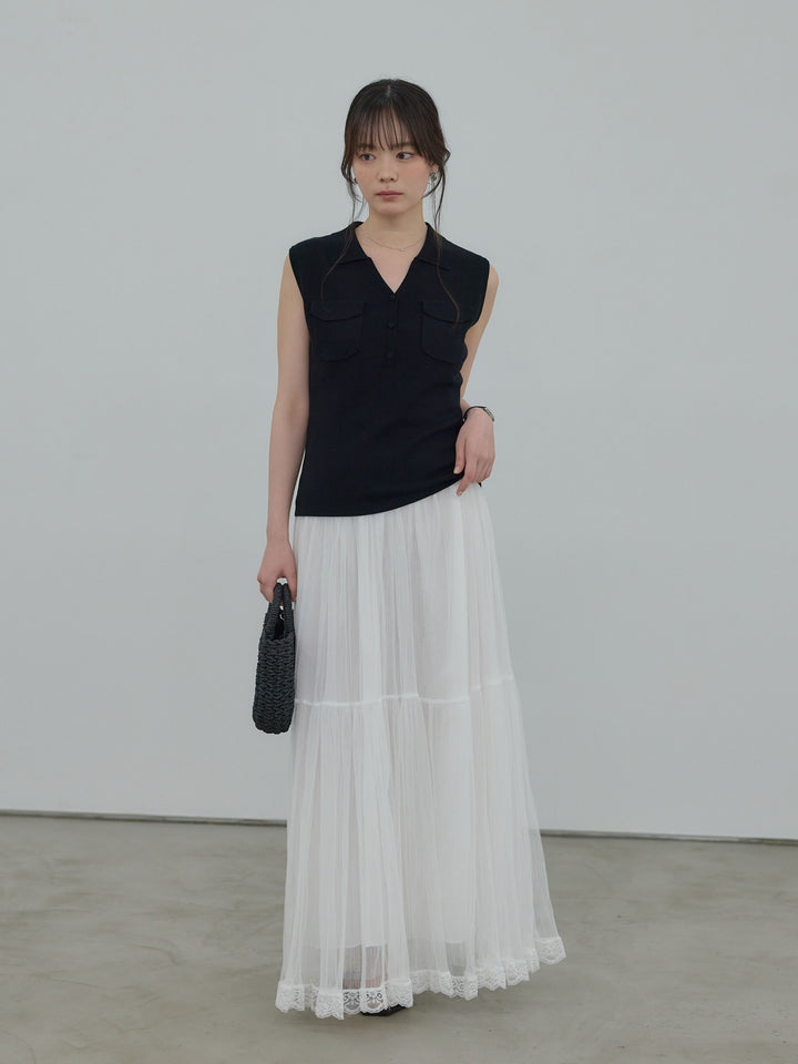 【SET】【Essential】Pocket design rib knit no-sleeve tops+裾レースデザインチュールスカート(2set)