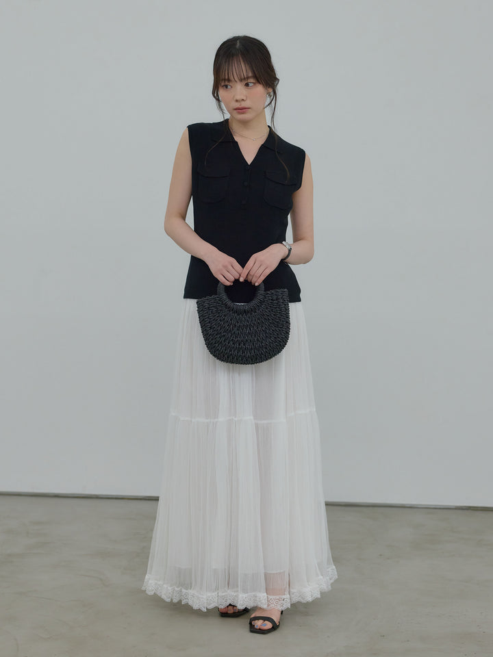 【SET】【Essential】Pocket design rib knit no-sleeve tops+裾レースデザインチュールスカート(2set)