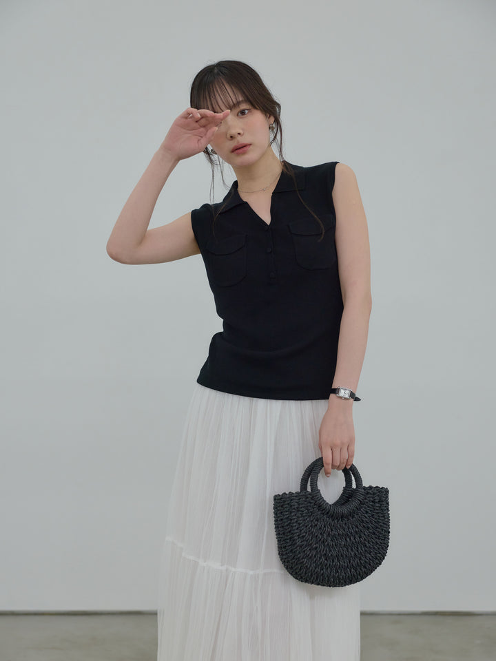 【SET】【Essential】Pocket design rib knit no-sleeve tops+裾レースデザインチュールスカート(2set)