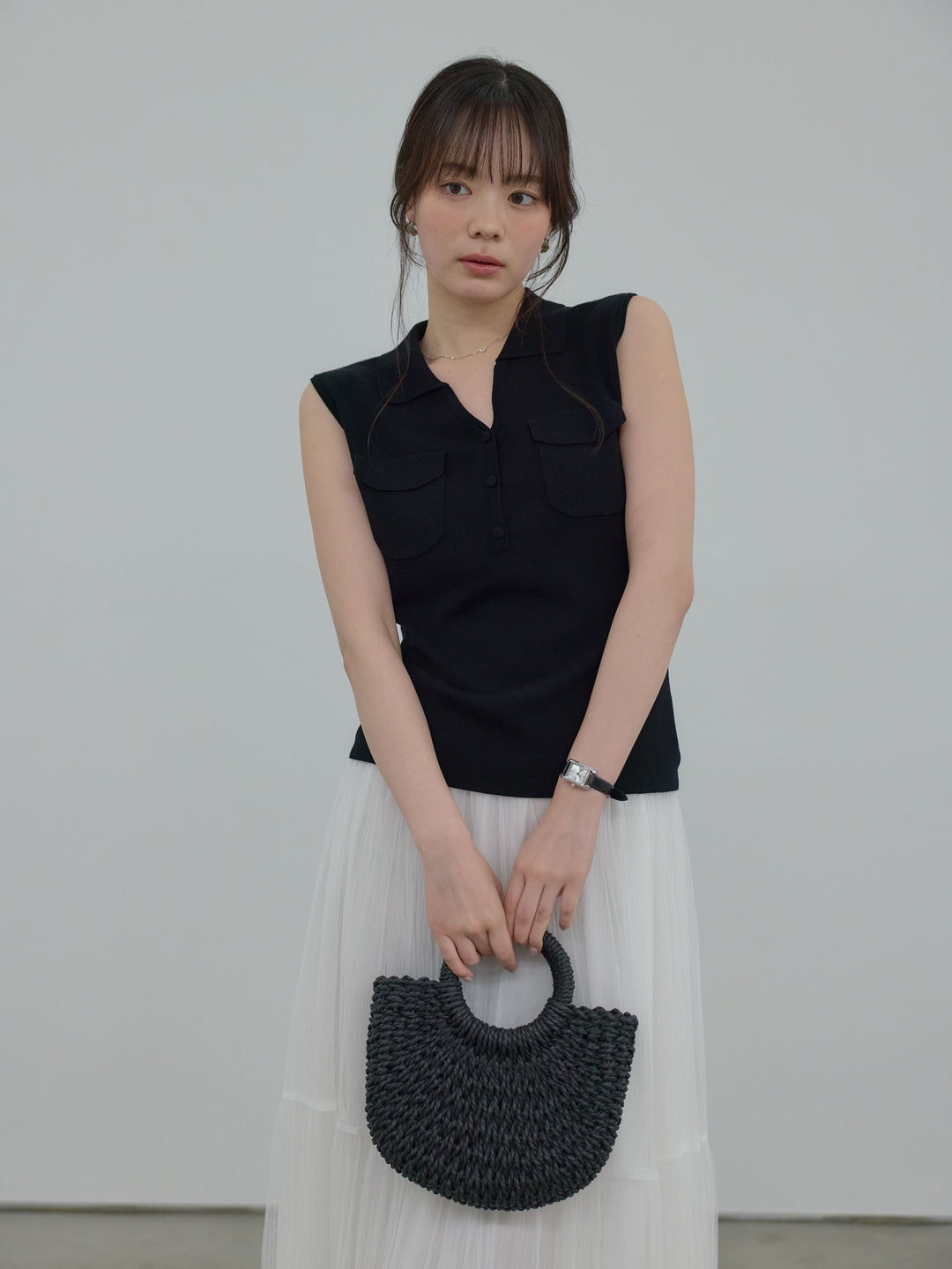 【Essential】Pocket design rib knit no-sleeve tops