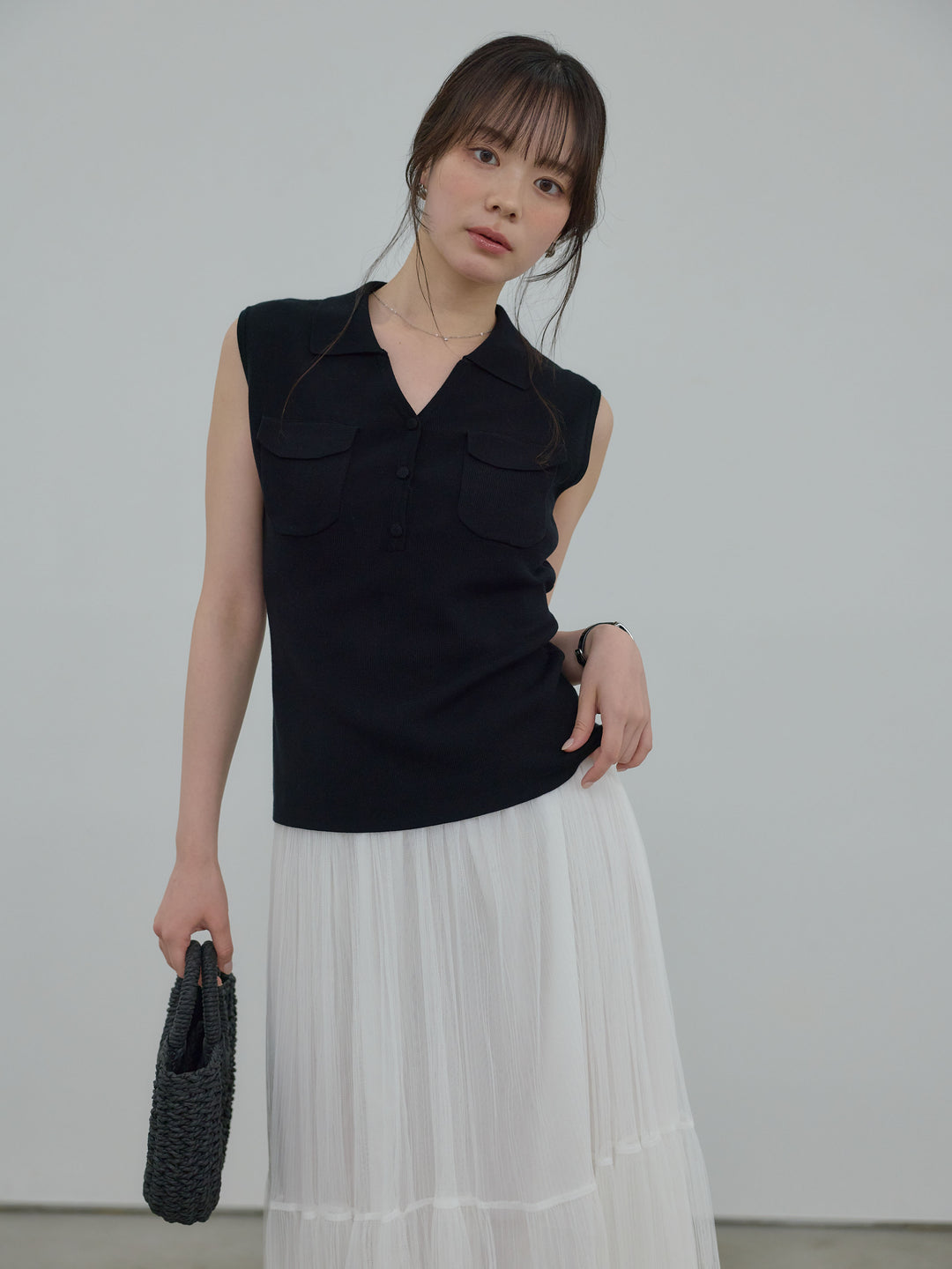 【SET】【Essential】Pocket design rib knit no-sleeve tops+裾レースデザインチュールスカート(2set)