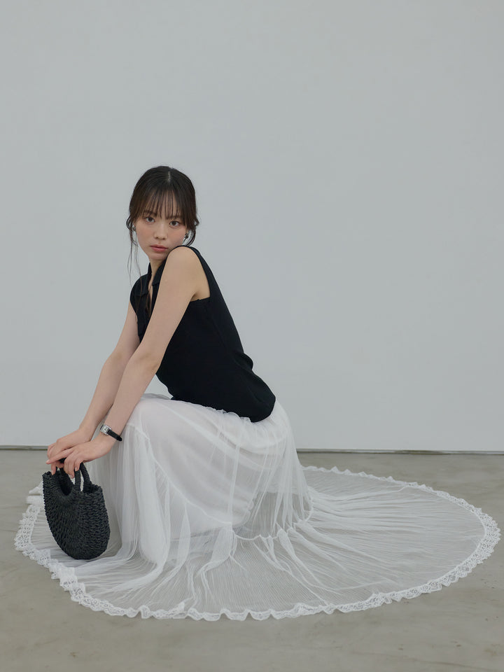 【SET】【Essential】Pocket design rib knit no-sleeve tops+裾レースデザインチュールスカート(2set)