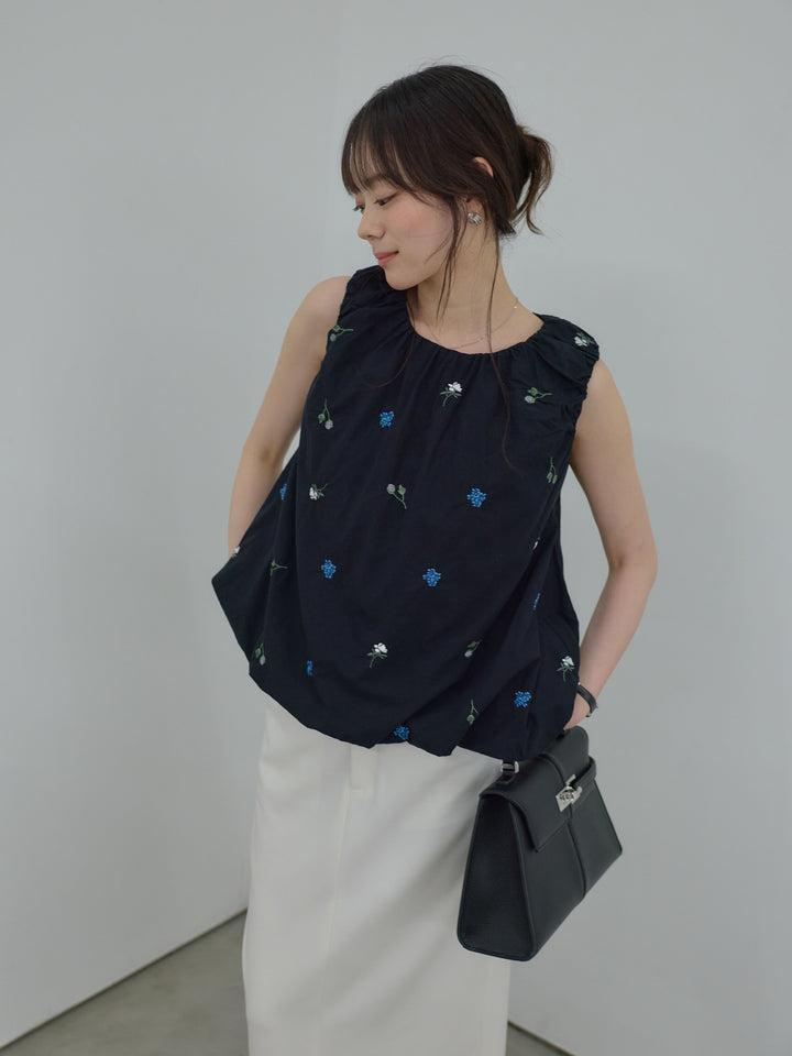 【SET】配色刺繍バルーンノースリブラウス+【Essential】Authentic pencil skrt(2set)