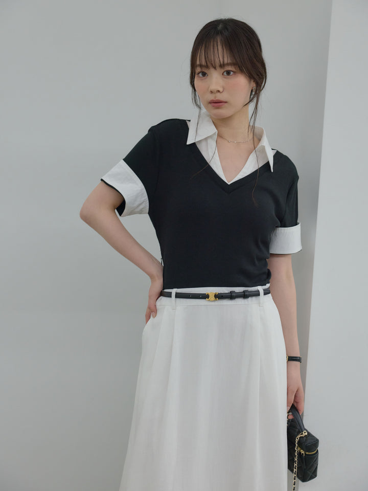 襟付きレイヤードドッキングシャツワンピース