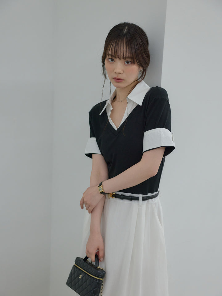 襟付きレイヤードドッキングシャツワンピース
