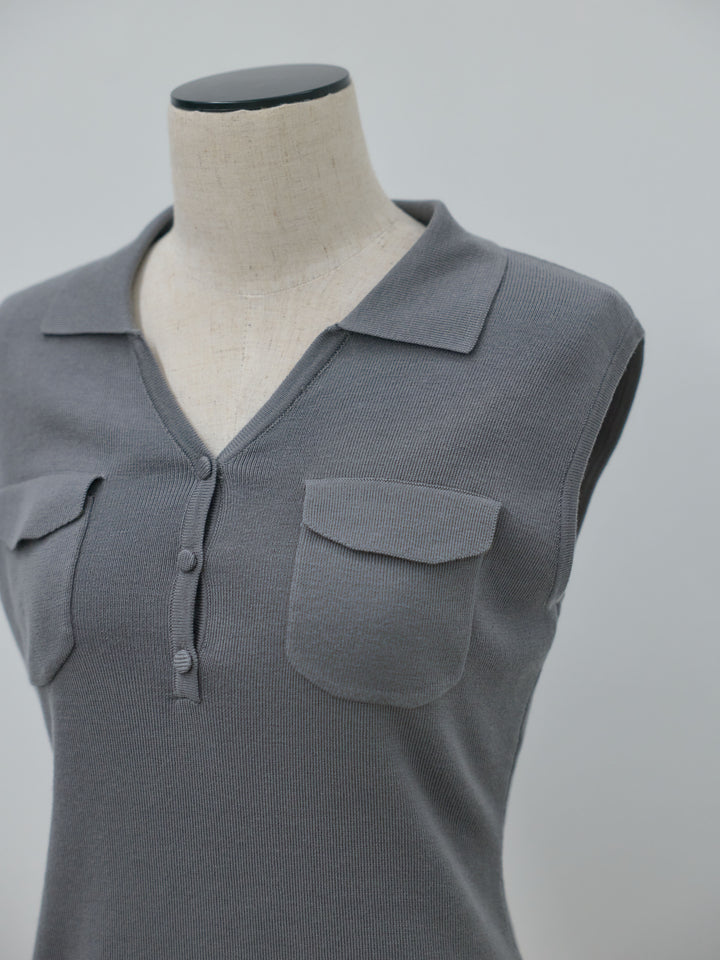 【Essential】Pocket design rib knit no-sleeve tops