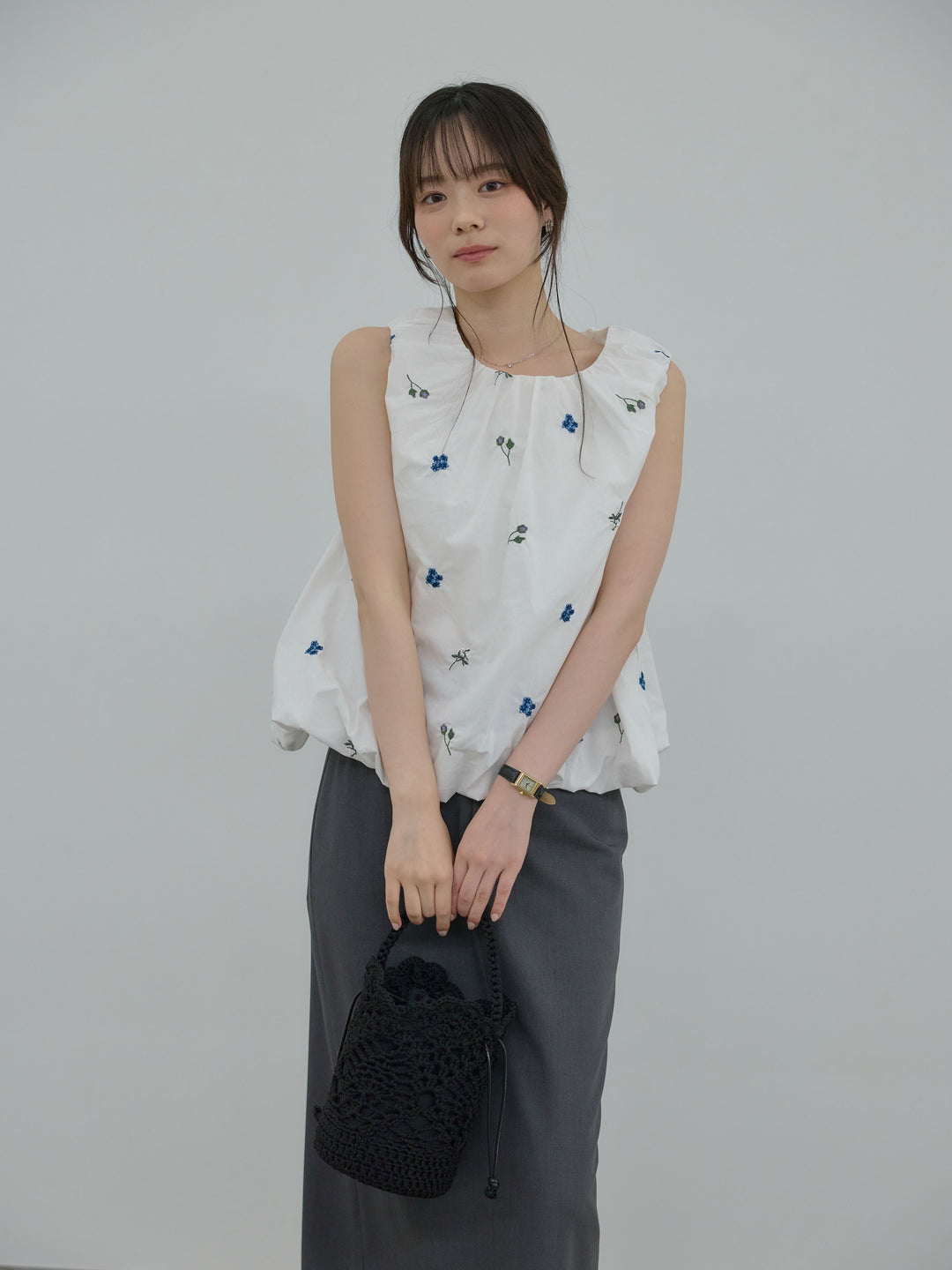 【SET】配色刺繍バルーンノースリブラウス+【Essential】Authentic pencil skrt(2set)