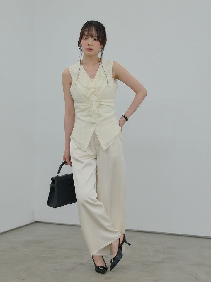 ラッフルギャザーシアーノースリーブトップス