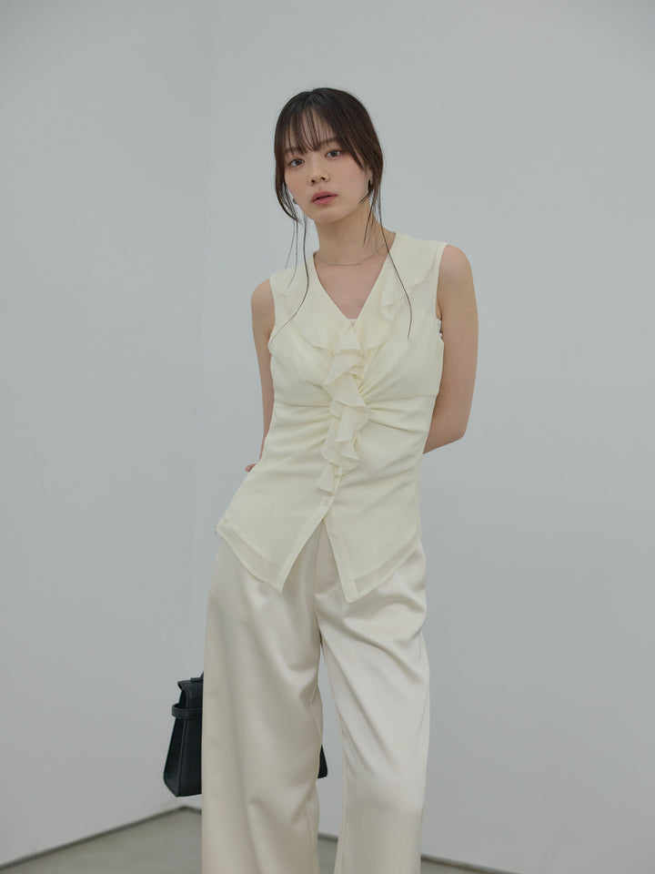 【SET】ラッフルギャザーシアーノースリーブトップス+【Essential】センタープレスサテンパンツ(2set)