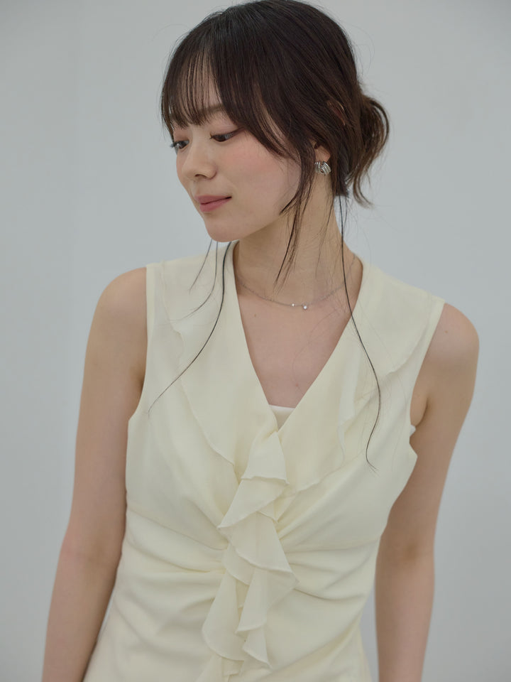 ラッフルギャザーシアーノースリーブトップス